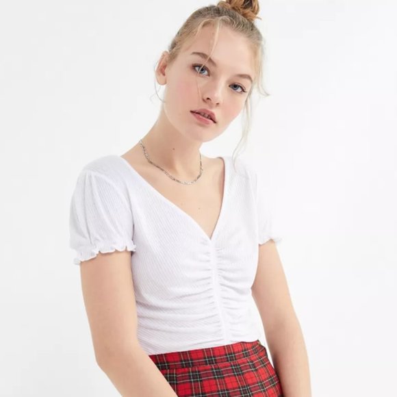 NWT, Urban Outfitters Vera Ruched V-Neck Short Sleeve Top, Tan Leopard, L - Picture 7 of 8